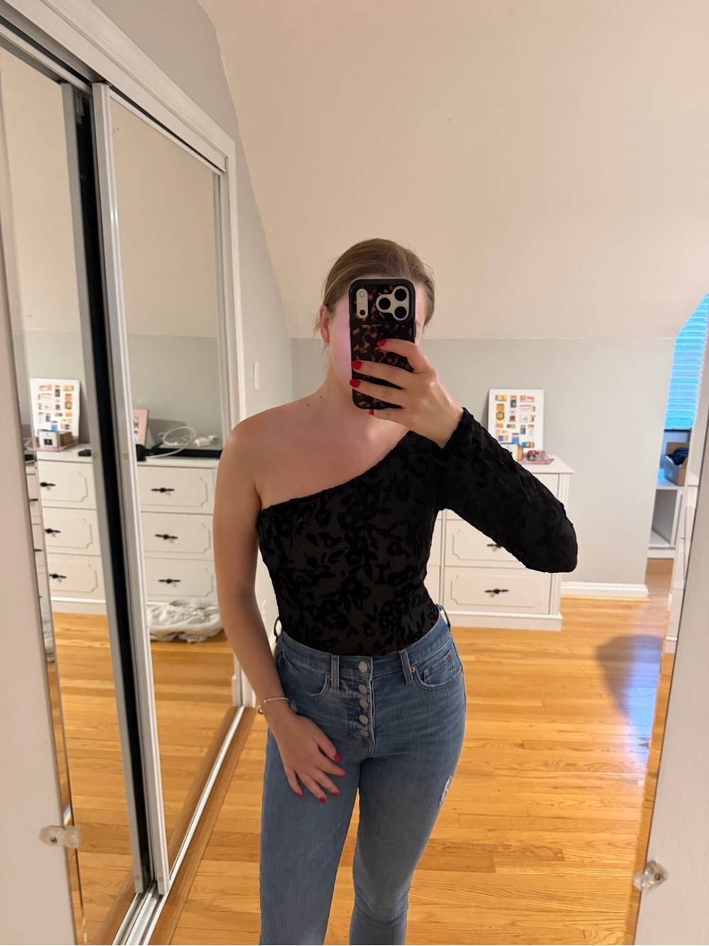 Lulu's Black One-Shoulder Velvet Burnout Bodysuit